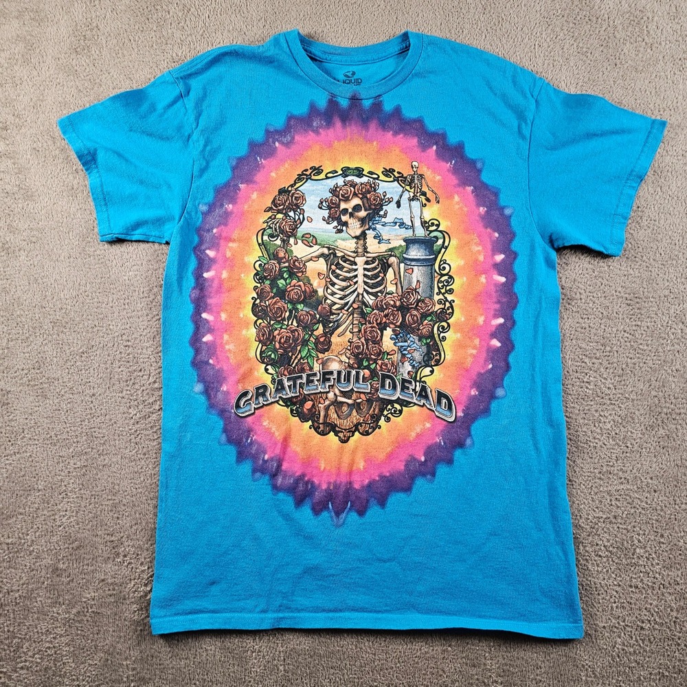 Liquid Blue Grateful Dead Bertha Skeleton Roses Tie Dye Blue T-Shirt Mens Medium